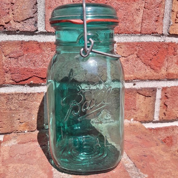 Ball Mason Jar Teal Blue Glass with Lid Wide Mouth - Picture 5 of 16